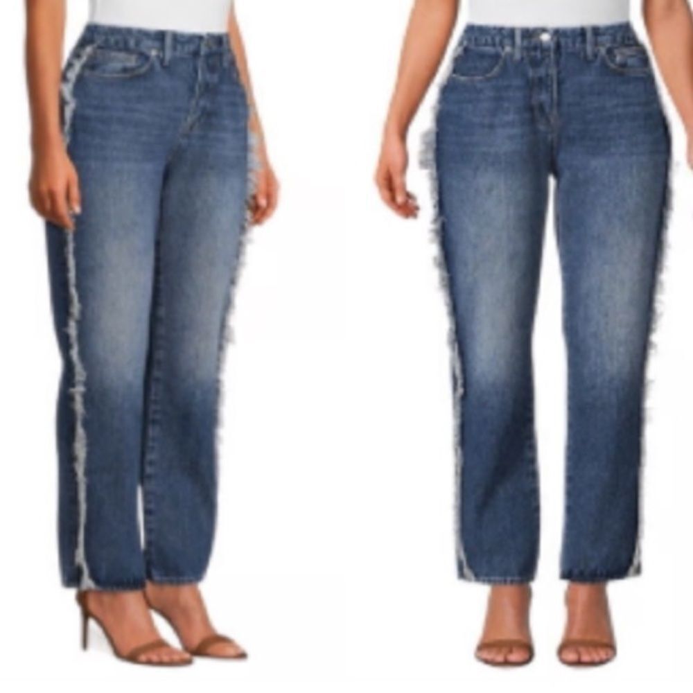 Good American Good Boy Side Frayed High Rise Straight Leg Jeans Size  10/30